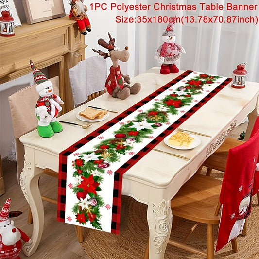 Vibrant Red Buffalo Plaid Christmas Table Runner - Polyester Table Runners with Poinsettia, Holly Leaf, and Bell Red Bow Design - Merry Christmas Home Decoration for Holiday Season