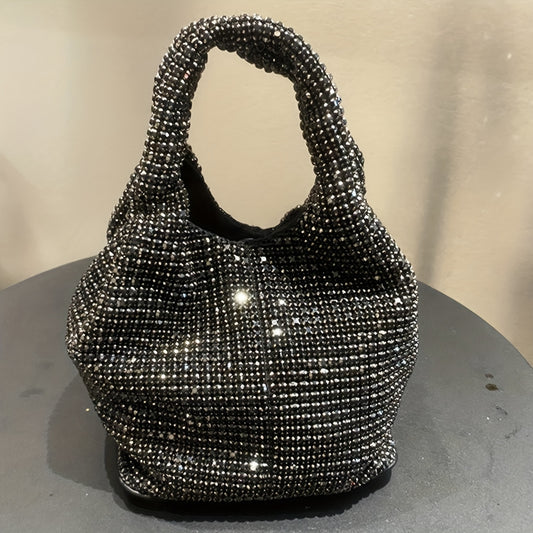 Luxurious Mini Rhinestone Bucket Bag - Removable Strap, Buckle Closure, Lightweight, Polyester Lining, PVC Material - Perfect for Carnival, Mardi Gras, Music Festival, Party, Prom, Evening Occasions