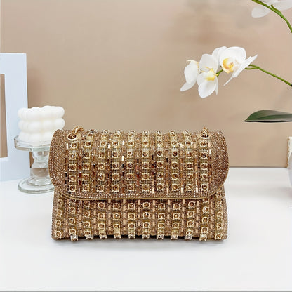 Glamorous Sparkling Rhinestone Evening Clutch - Shimmering Compact Purse with Adjustable Metallic Chain - Perfect for Dinners & Parties