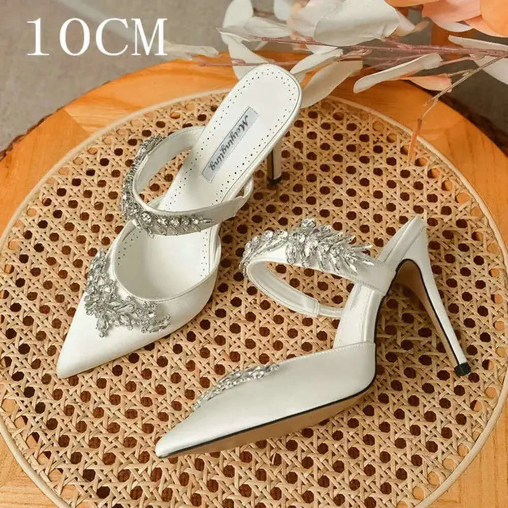 Crystal Slipper Mueller Shallow Mouth Pointed Silk Rhine-Drill High White Slender Heels Wedding Shoes Kq8