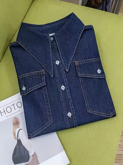 Fashionable Womens Denim Shirt - Chic Button-Down Lapel Collar, Relaxed Loose Fit, Trendy Street Style with Practical Flap Pockets - Premium Long Sleeve Denim Tops for Casual Wear