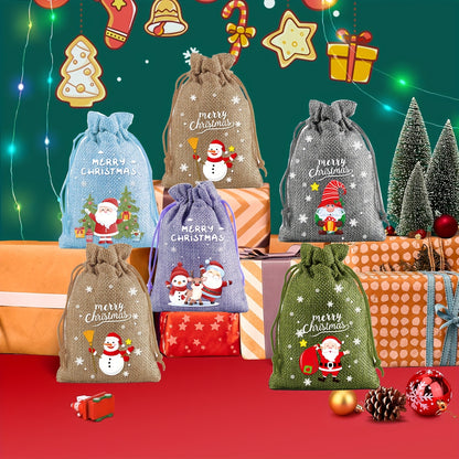 Christmas Burlap Drawstring Gift Bags - Linen Treat Sacks with Holiday Designs, Festive Party Favor Packaging, General Fit Occasion, Set of Assorted Christmas Themes (Santa, Snowman, Tree)