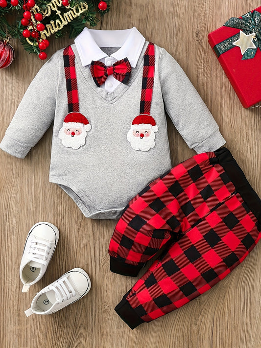 2pcs Baby's Christmas Co-Ords, Bow Decor Turndown Collar Faux Two-piece Romper & Casual Pants, Toddler & Infant Boy's Clothing Set For Fall Winter, Outdoor Cloth