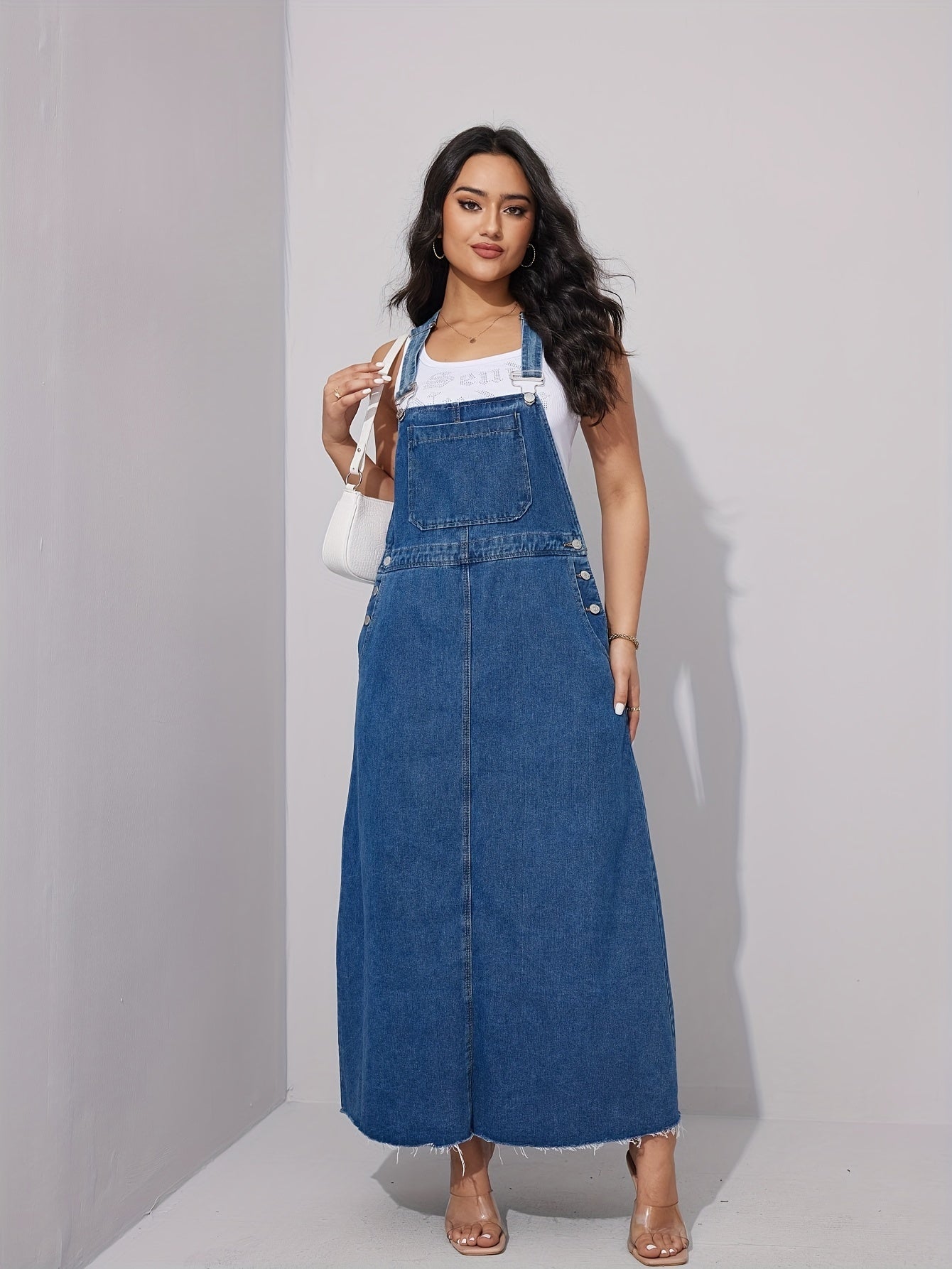 Chic Blue Distressed Denim Overall Dress - Adjustable Straps, Loose Maxi Fit, Stylish Womens Jeans Clothing