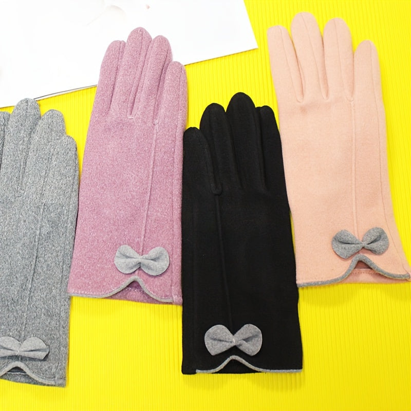 Women's Touch Screen Compatible Cotton Blend Gloves with Bow Detail - Stretchy Warm Woven Mittens for Casual Weekend Use