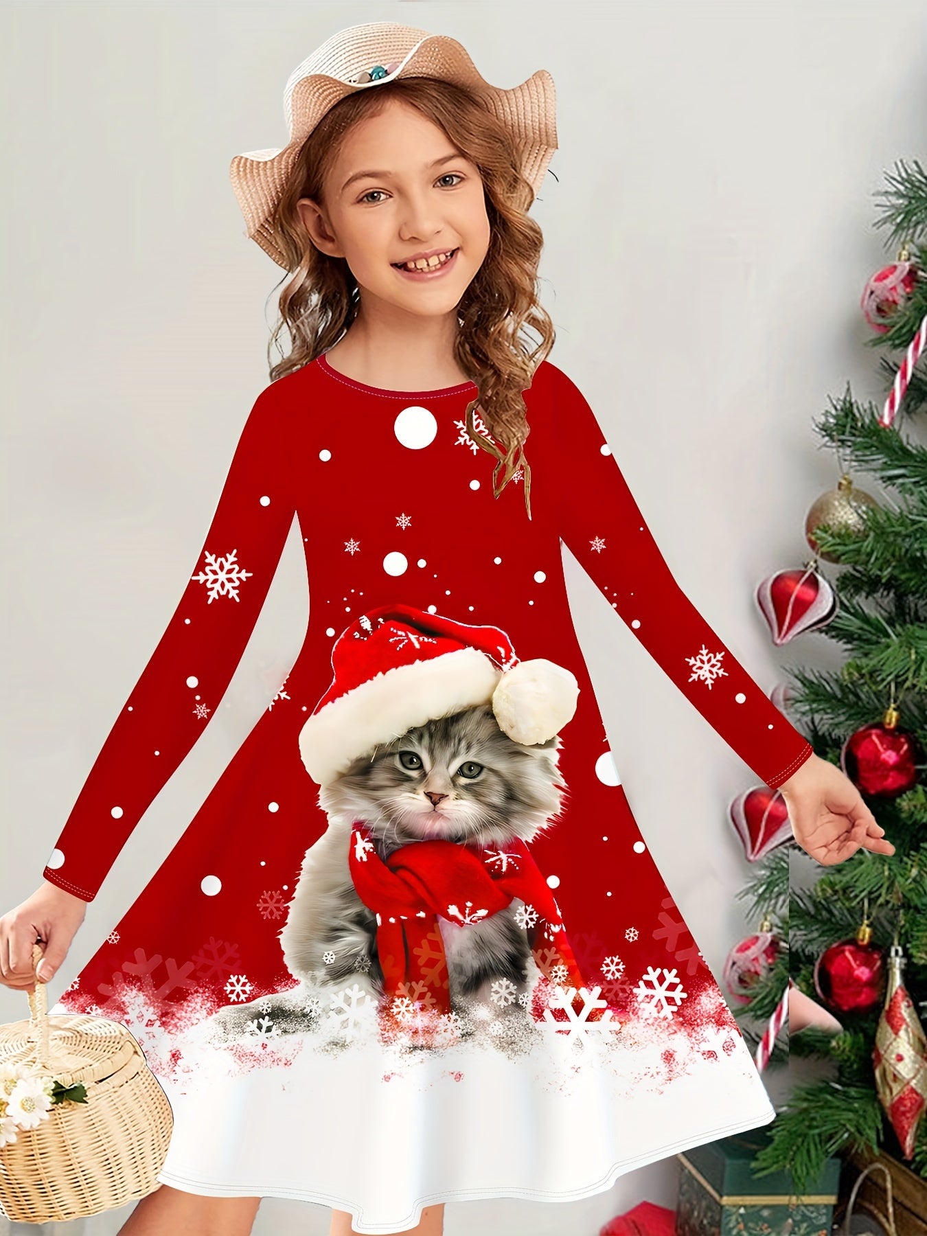 Soft Comfy Long Sleeve Festive Christmas Cat Print Dress For Girls, Holiday Dresses For Spring Fall Everyday, Party, Going Out