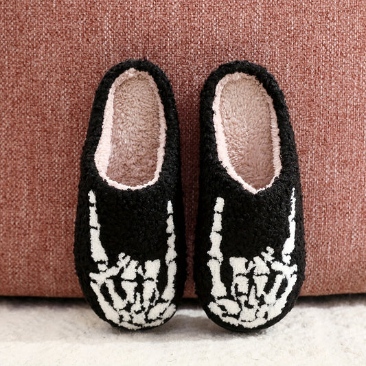 Cozy Cartoon Skeleton Hand Fuzzy Slippers - Soft, Warm, and Plush Slip-On Shoes with TPR Sole for Music Festival and Winter - Cartoon Patterned, Punk Style, Fabric Upper and Insole, All-Season Wear