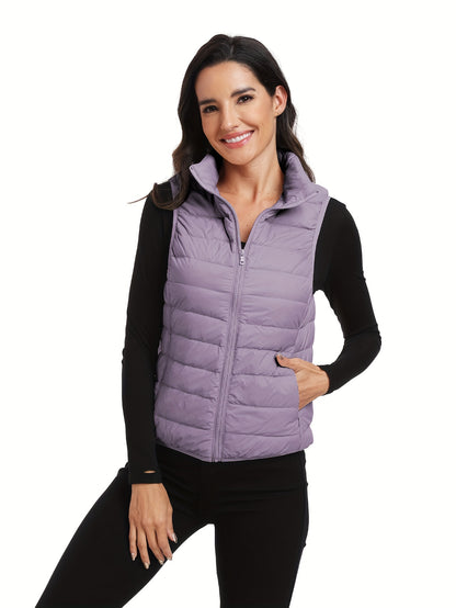 Womens Ultra-Light Stand Collar Puffer Jacket Vest - Insulated Down Fill for Warmth & Style - Perfect Activewear