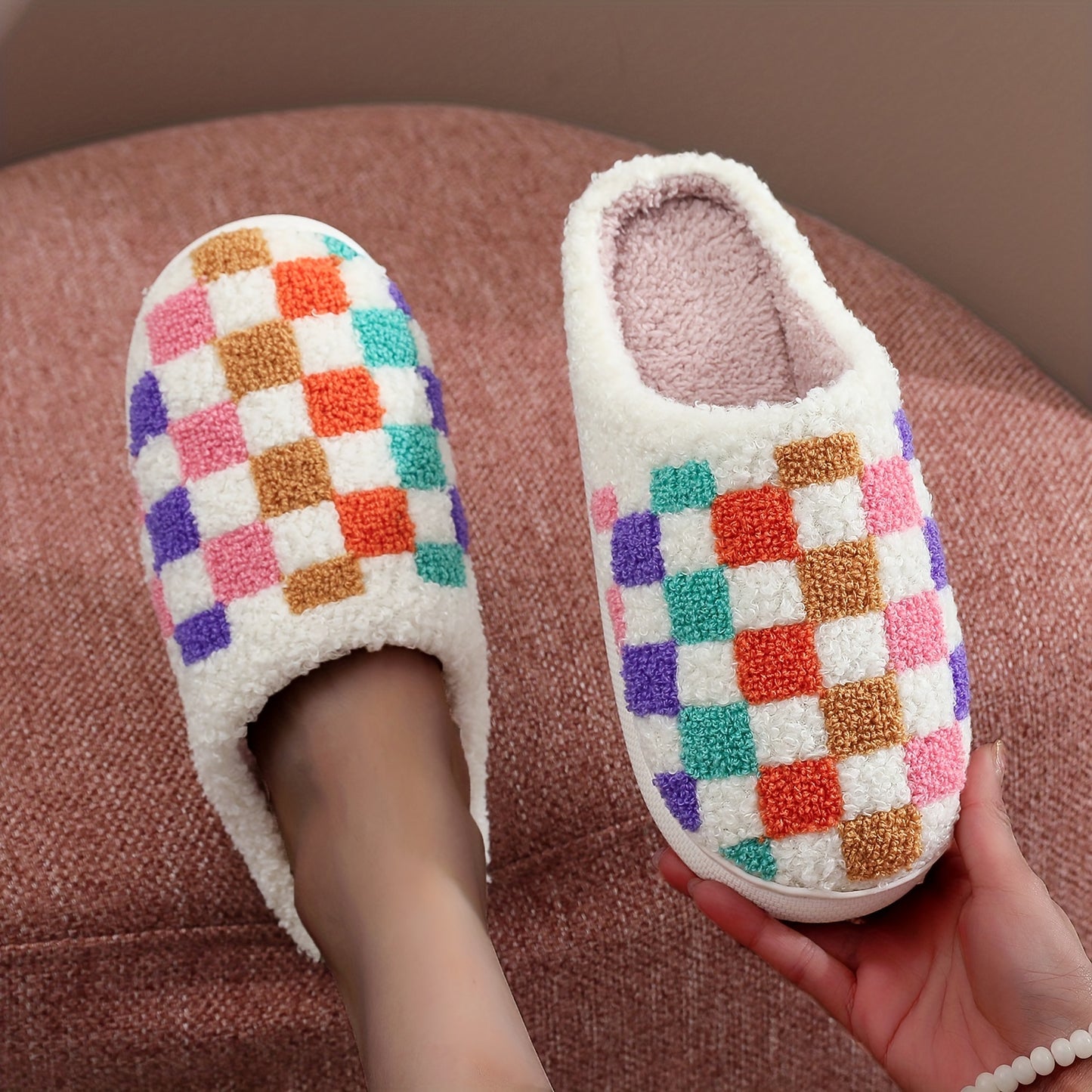 Vibrant Checkered Plush Slippers - Ultra Soft, Warm, and Cozy Indoor Shoes with Cushioned Insoles for Comfortable Walking - Perfect for Home, Lounge, or Leisure Activities