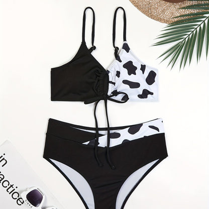 Brown Cow Print Bikini Set - Fashionable Ribbed Texture with Crossover Tie Front & Spaghetti Strap Hollow Out Design - A Flattering 2 Piece Swimwear Ensemble for Women