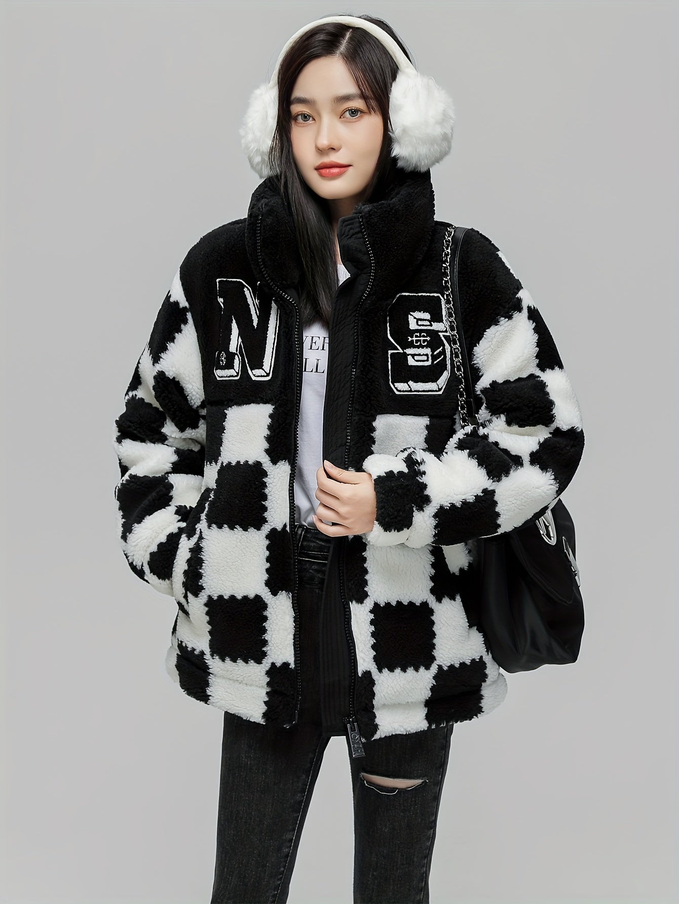 Checkered Pattern Zipper Stand Collar Down Jacket, Casual Long Sleeve Down Jacket For Winter, Women's Clothing