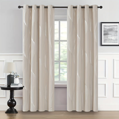 2PCS Luxurious Blackout Curtains with Grommet Top - Thermal Insulated, Noise Reducing, High Precision Bronzing Striped Wave Pattern for All-Season Room Darkening - Polyester Drapes for Bedroom and Living Room with Easy Installation