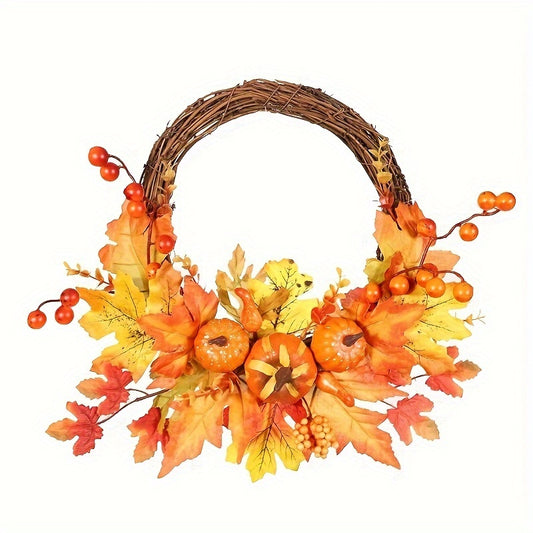 Autumn Harvest 15.8" Artificial Pumpkin & Maple Leaf Wreath - Perfect for Thanksgiving, Halloween, and Christmas Decor | Versatile Indoor/Outdoor Wall Hanging