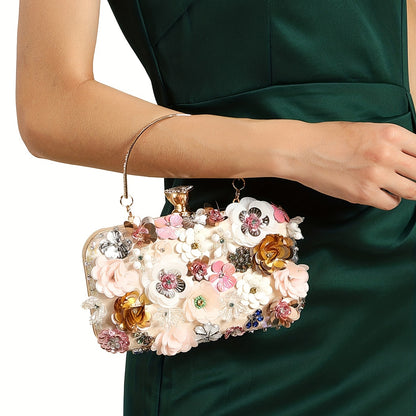 Mini Flower Decor Evening Bag, Elegant Rhinestone Clutch Bag, Women's Exquisite Dinner Bag For Party (19.99cm x 11.0cm x 4.5cm) For Carnaval