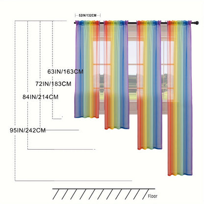 2pcs Rainbow Print Translucent Curtains Yarn Curtains For Living Room Bedroom Balcony Office Home Decor