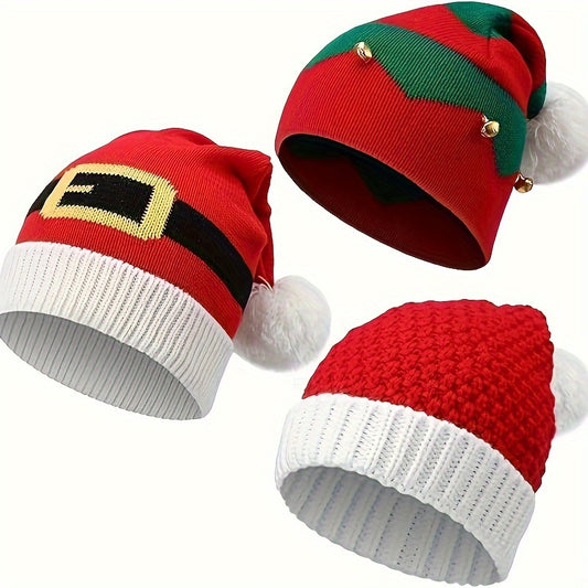 3Pcs Christmas Fashion Christmas Tree and Santa Knitted Hat - Warm, Trendy Outdoor Holiday Headwear, Acrylic, Academy Style, Knitted Design