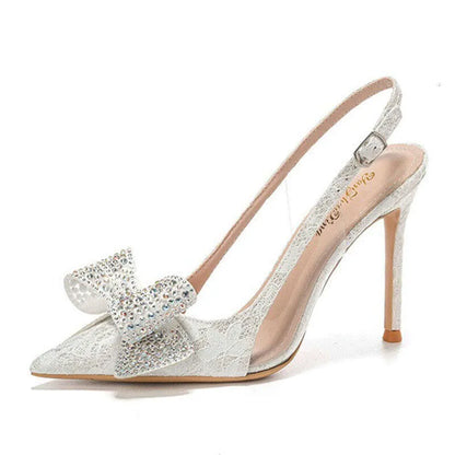 White Women's Wedding Pumps Skinny Heel Pointed Crystal Bow Head French Summer Bridal Shoes Kq8