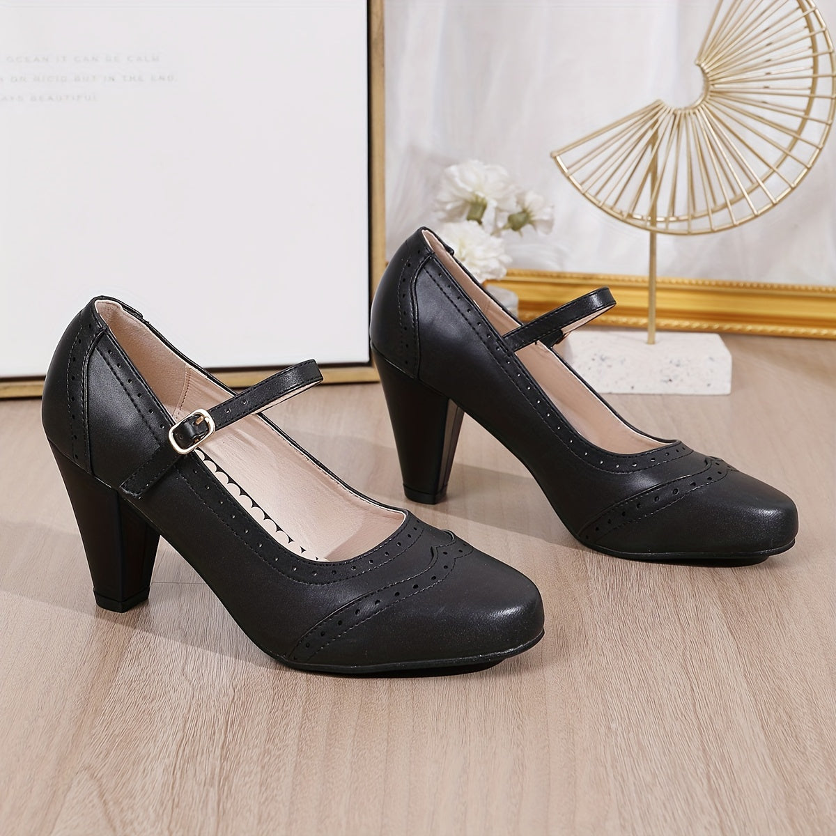 Elegant Two-Tone Mary-Jane Pumps: Comfortable Kitten Heels with Unique Embroidery, Perfect for Any Season & Occasion