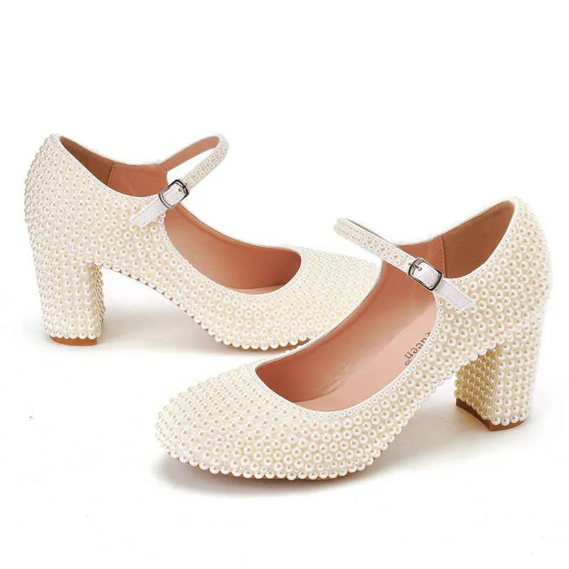 Wedding Pumps Thick Heel Round Head Single Lolita White Pearl Bride Shoe Korean Version Of Girl Princess Shoes Kq8