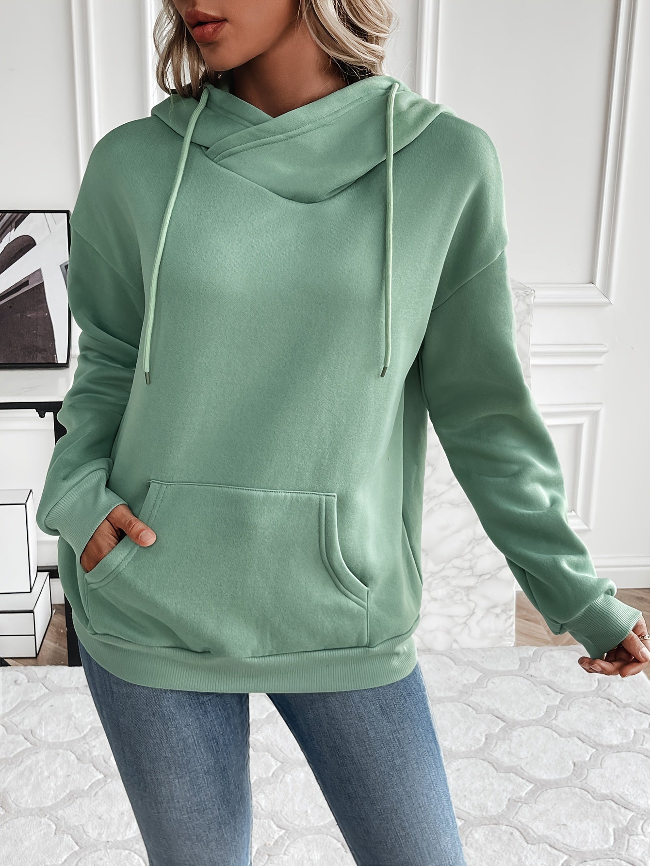 Womens Chic Solid Drawstring Hoodie Sweatshirt - Adjustable Hood, Cozy Pocket, Long Sleeves - Trendy Casual Wear for Comfort and Style