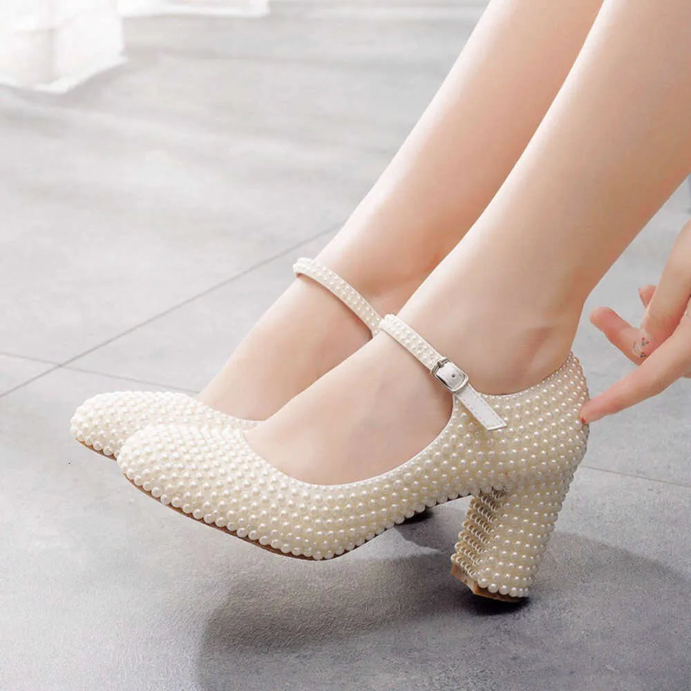 Wedding Pumps Thick Heel Round Head Single Lolita White Pearl Bride Shoe Korean Version Of Girl Princess Shoes Kq8