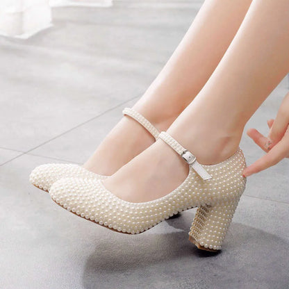 Wedding Pumps Thick Heel Round Head Single Lolita White Pearl Bride Shoe Korean Version Of Girl Princess Shoes Kq8