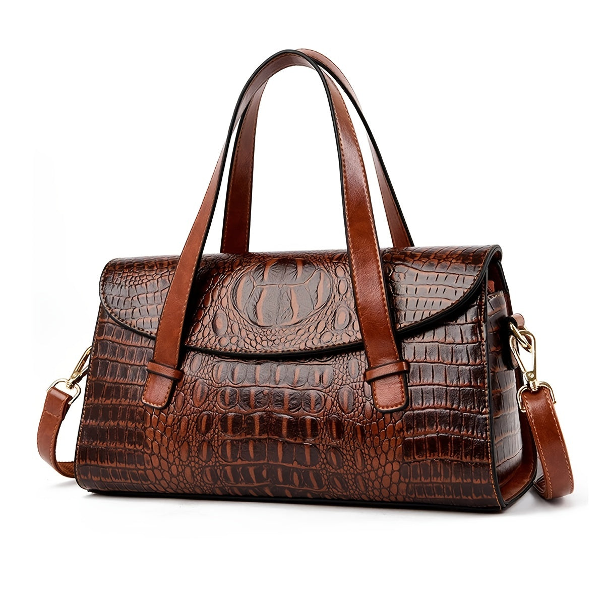 Luxurious Crocodile Embossed Vegan Leather Tote Bag - Women's Retro Flap Satchel Purse with Crossbody Strap - Spacious, Stylish, and Cruelty-Free