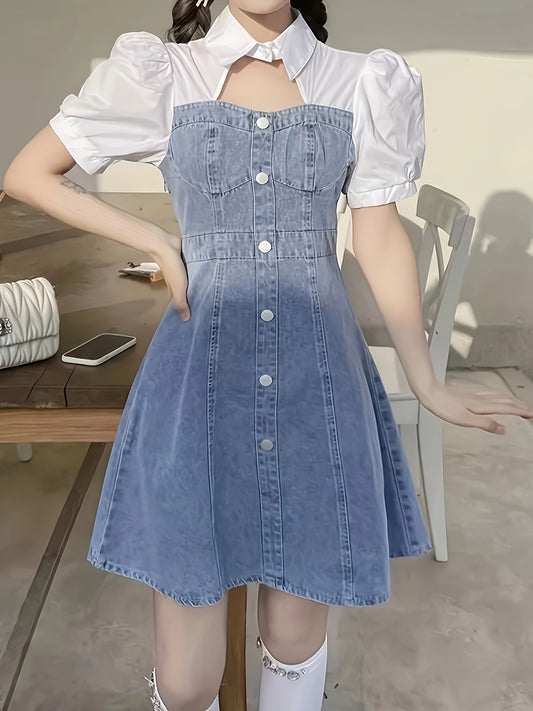 Chic Summer Denim Dress for Women - Slimming Puff Sleeve Design, Elegant Cotton Blend, Non-Stretch, Machine Washable