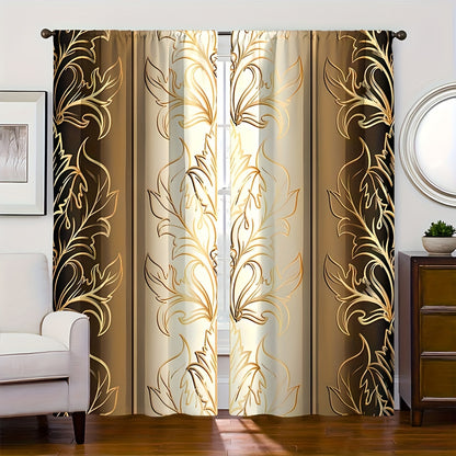 2pcs Leaf Print Curtains, Rod Pocket Decorative Window Drapes, Window Treatments For Bedroom Living Room, Home Decoration, Room Decoration