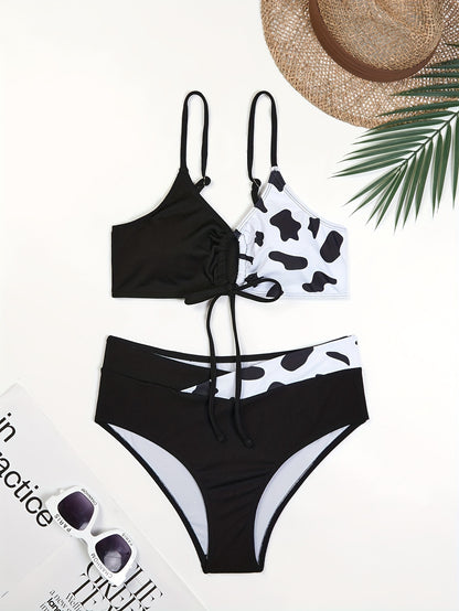 Brown Cow Print Bikini Set - Fashionable Ribbed Texture with Crossover Tie Front & Spaghetti Strap Hollow Out Design - A Flattering 2 Piece Swimwear Ensemble for Women