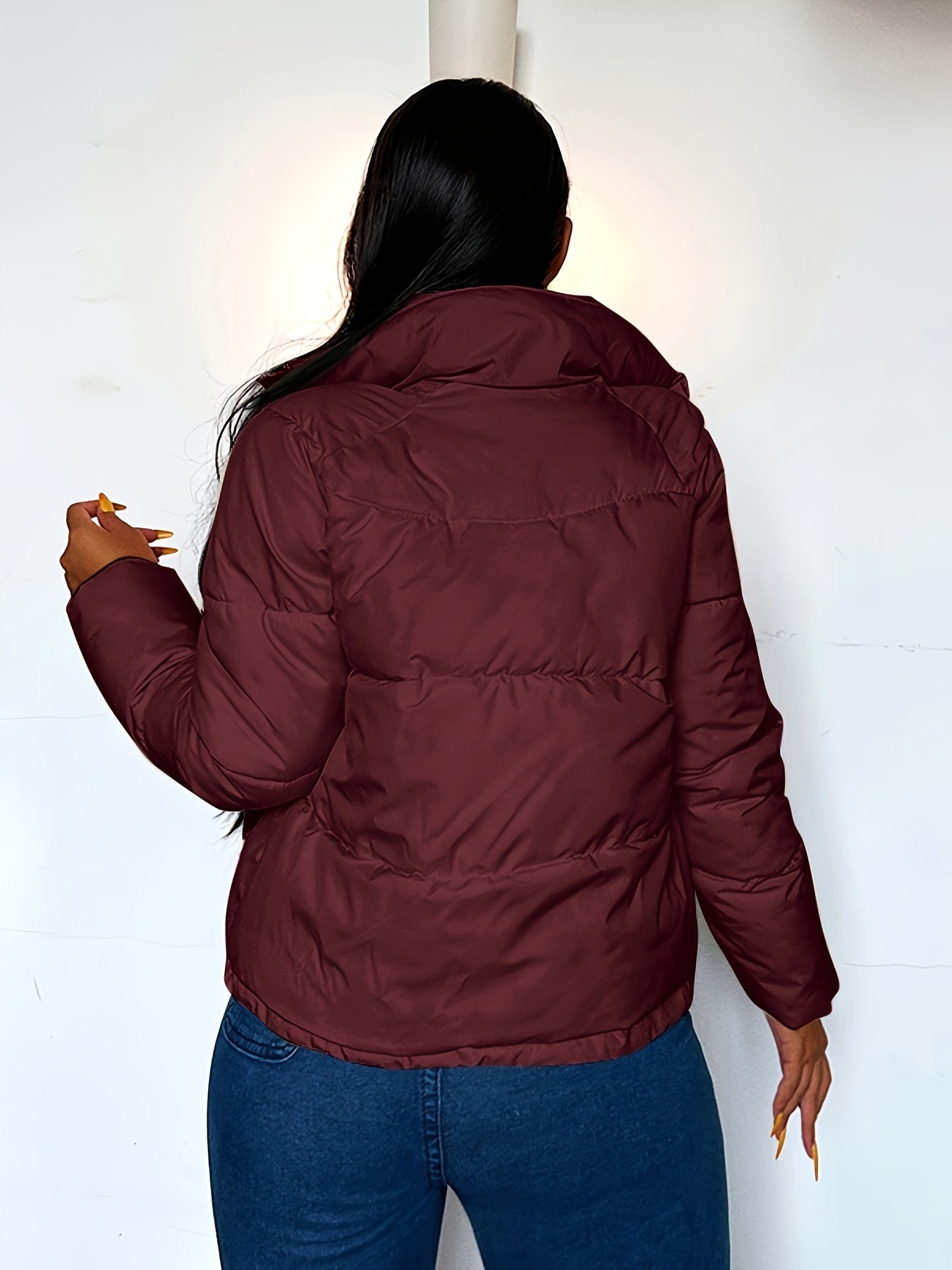 Winter-Ready Stand Collar Bomber Jacket for Women - Warm, Machine Washable, Solid Color, Sports Style with Practical Pockets