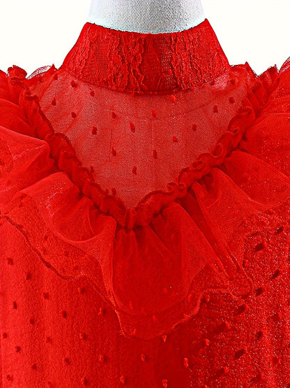 3-Piece Girls' Flaming Red Dress Up Set: Mesh Flutter Sleeve Tutu Layered Dress, Gloves & Veil for Halloween Party & Performance