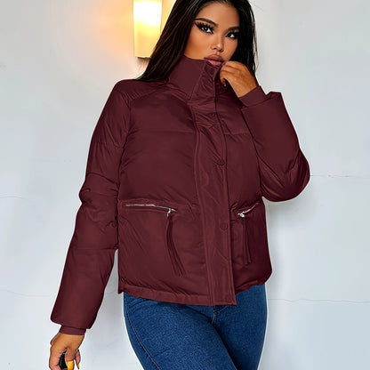 Winter-Ready Stand Collar Bomber Jacket for Women - Warm, Machine Washable, Solid Color, Sports Style with Practical Pockets