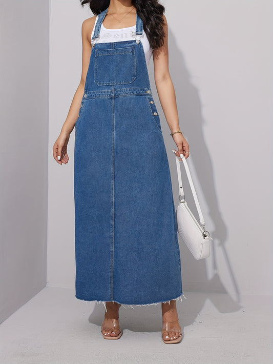 Chic Blue Distressed Denim Overall Dress - Adjustable Straps, Loose Maxi Fit, Stylish Womens Jeans Clothing