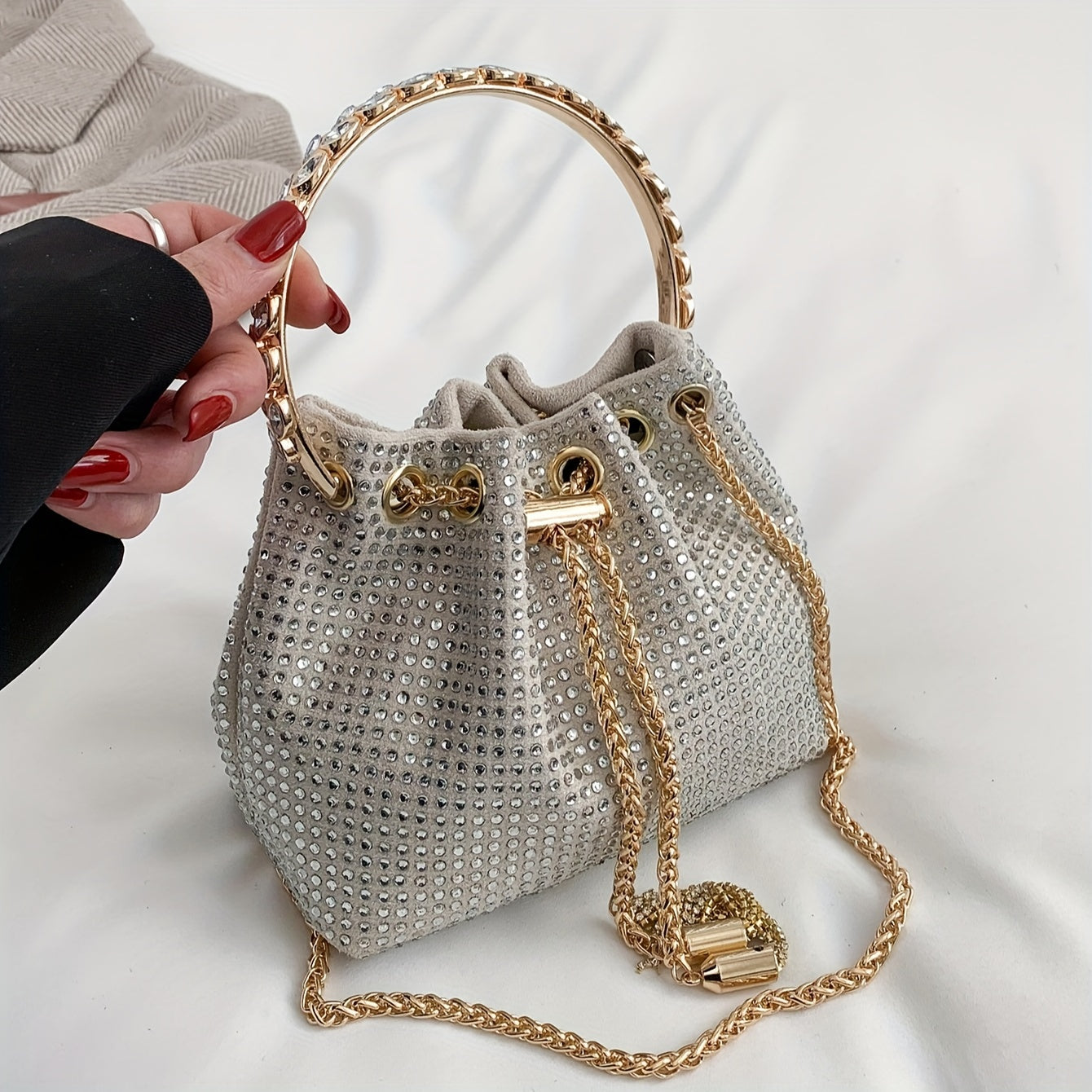 Elegant Sparkling Rhinestone Bucket Bag | Secure Drawstring Polka Dot Satchel | Luxury Evening Shoulder Chain Bag