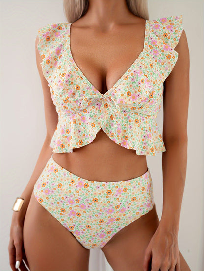 2 Piece Floral Pattern Bikini Set - Elegant V-Neckline, Delicate Ruffle Hem, High-Cut Leg Style - Stylish Womens Swimwear for Beach and Pool, Comfortable Summer Clothing