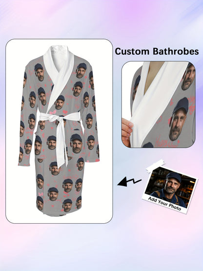 Custom Cute Heart Print Long Sleeve Bathrobe, Men's Mid-Length Sleepwear With Belt, Casual Shawl Collar Home Wear, All-Season