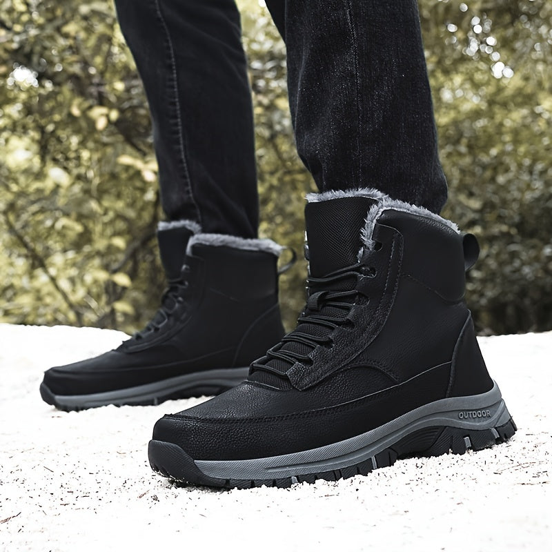 Men's Trendy Solid High Top Hiking Boots, Comfy Non Slip Casual Thermal Shoes, Winter & Autumn