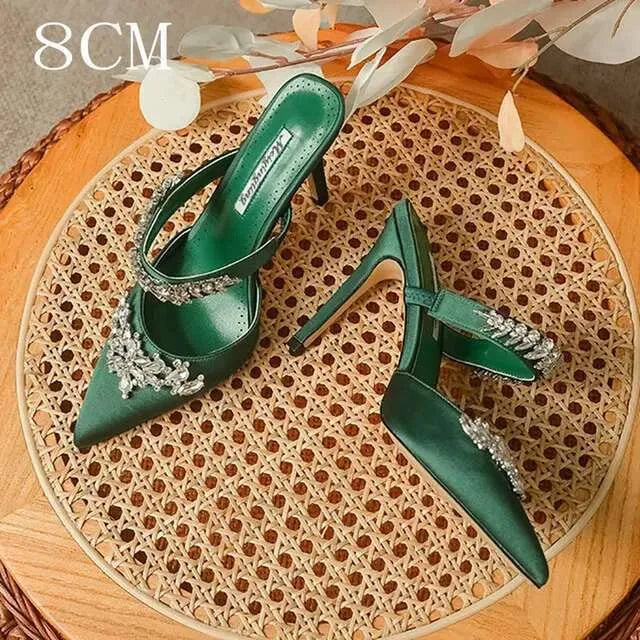 Crystal Slipper Mueller Shallow Mouth Pointed Silk Rhine-Drill High White Slender Heels Wedding Shoes Kq8