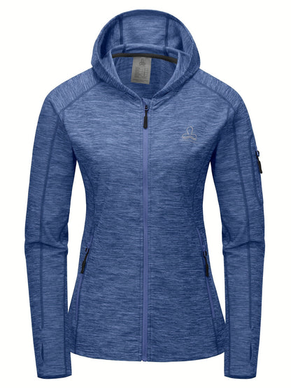 Womens Sporty Solid Hoodie Jacket - Full-zip, Long Sleeve,Athletic Fit with Zippered Pockets for Stylish Training, Workout, and Running Outfits