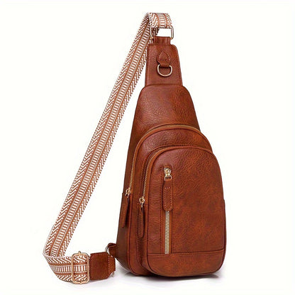 Vintage Multi-Pocket PU Leather Women's Chest Bag, Zipper Crossbody Shoulder Bag for Leisure Sports