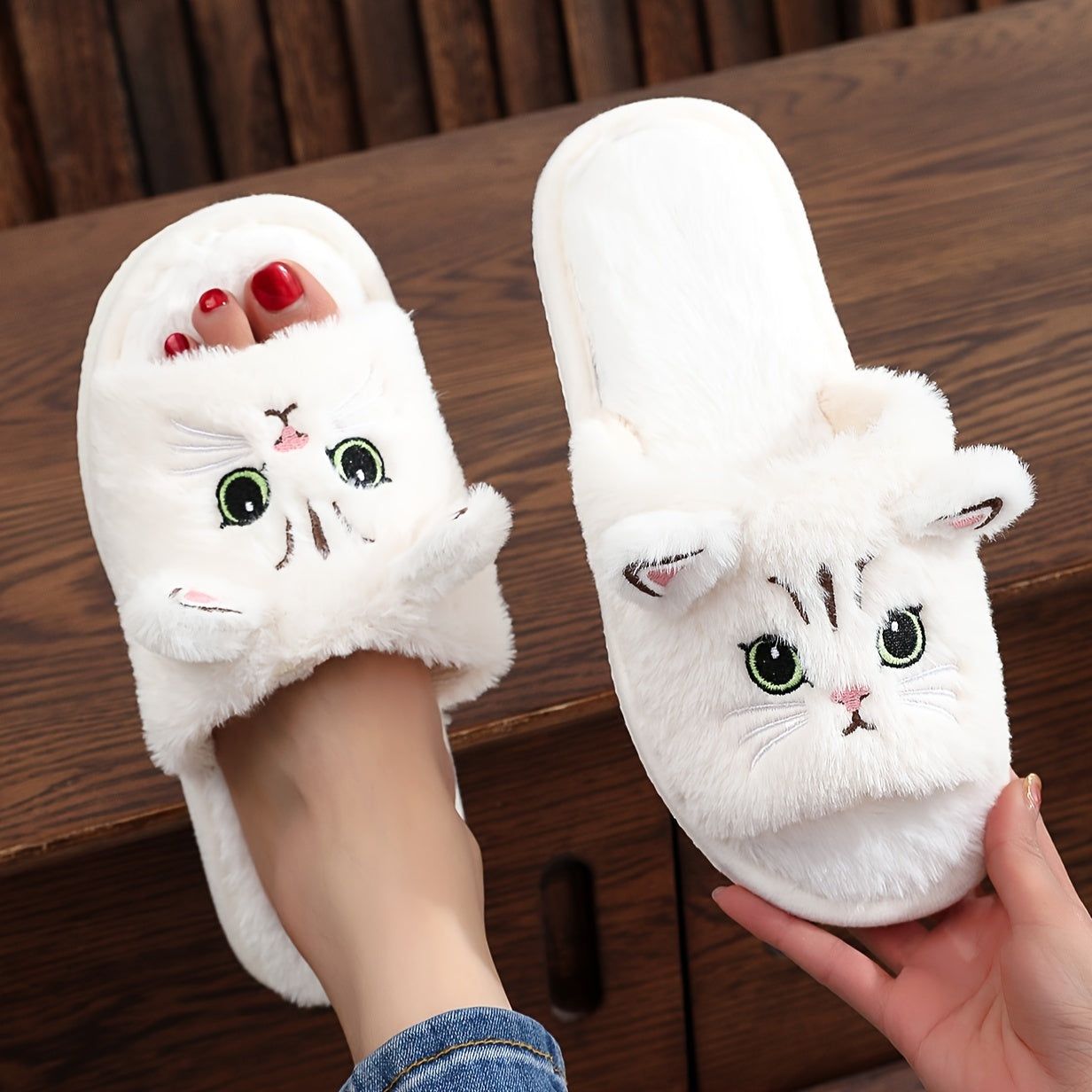 Cute Cartoon Cat Plush Slippers - Ultra Soft, Fuzzy, Warm, Non-Slip, Cozy, Comfy Indoor Bedroom Footwear with Fabric Insole and EVA Sole for Cold Winter Days