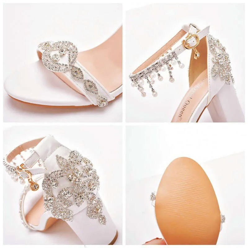 Summer 7Cm Thick Heel Shallow Mouth One Line With Beaded Sandals White Rhinester Tassel Bridal Wedding Shoes Kq8