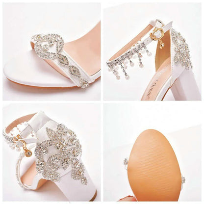 Summer 7Cm Thick Heel Shallow Mouth One Line With Beaded Sandals White Rhinester Tassel Bridal Wedding Shoes Kq8