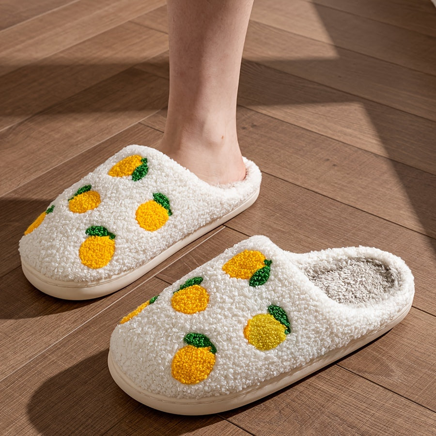 Corduroy Fruit Pattern Plush Slippers - Ultra Soft, Warm, and Comfortable Indoor Shoes with Flannel Insole and TPR Sole for All-Season Wear - Casual, Slide-On Design for Home Relaxation