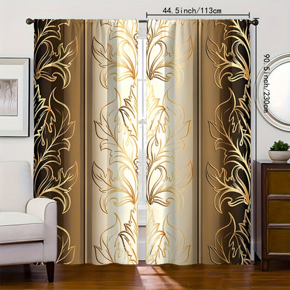 2pcs Leaf Print Curtains, Rod Pocket Decorative Window Drapes, Window Treatments For Bedroom Living Room, Home Decoration, Room Decoration