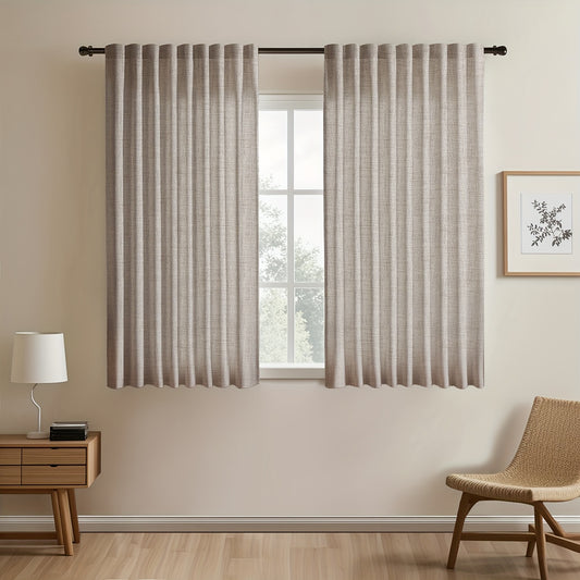 2pcs Contemporary Linen-Look Curtains - European Style, Light Filtering, UV Protection, Polyester Material, Solid Color, Machine Washable, for Living Room/Bedroom/Kitchen/Study, No Lining, Rod Pocket Hanging Type, Suitable for All Seasons