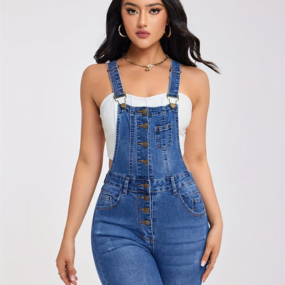 Chic Ripped Denim Overalls for Women - Adjustable Buckle-Strap, Comfort Stretch, Easy-Care | Casual Solid Color Jumpsuit for Spring to Fall