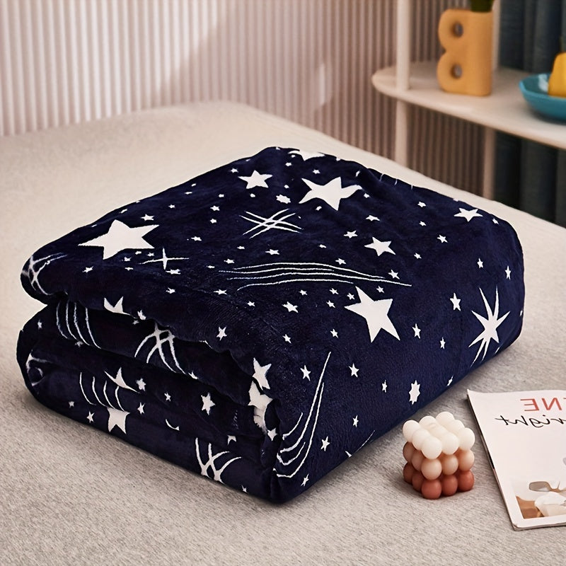 1pc Blue Starry Sky Print Polyester Flannel Blanket, Soft Warm Throw Blanket Nap Blanket For Couch Sofa Office Bed Camping Travel, Multi-purpose Gift Blanket For All Season