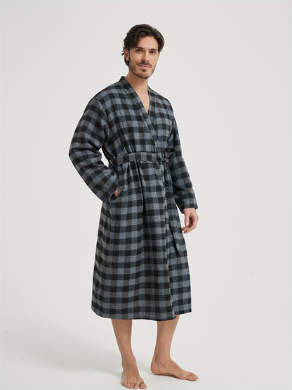 Cozy Classic Plaid Long-Sleeved Lace-Up Robe - Soft, Stylish, and Comfy for Daily Wear - Perfect for Men and Couples at Home